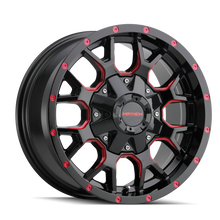 Load image into Gallery viewer, Mayhem 8015 Warrior 18x9 / 6x135 BP / 18mm Offset / 106mm Hub Black w/ Prism Red Wheel