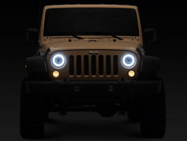 Raxiom 07-08 Jeep Wrangler JK Hi Output LED Headlights/Angel Eye DRL- Black Housing- Clear Lens