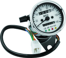 Load image into Gallery viewer, Bikers Choice 2.5 Inch Chrome 2:1 Universal Mini Speedo w LED Indicators White Face 140 Mph