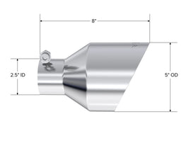 MBRP T304 SS Tip 2.5in ID, 5in OD Out, 8in Length, Angle Cut, Dual Wall
